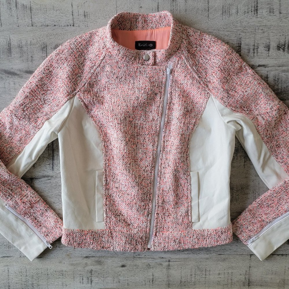 Bebe Selena Tweed Moto Vegan Leather Jacket Medium